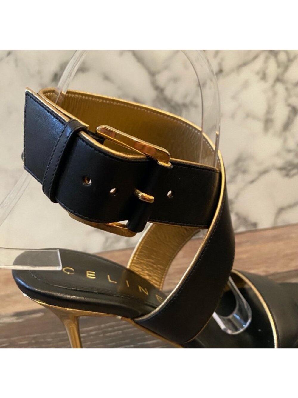 CELINE Black Calfskin Leather & Gold Trim Criss-Cross Open Toe Sandals - US 5 - Picture 9 of 12